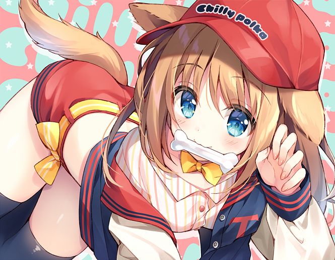 1girl animal_ears bangs baseball_cap belt black_jacket black_legwear blue_eyes blush bow bowtie brown_hair cartoon_bone claw_pose closed_mouth collared_shirt commentary_request dog_ears dog_girl dog_tail dress_shirt eyebrows_visible_through_hair hair_between_eyes hand_up hat jacket letterman_jacket long_hair long_sleeves looking_at_viewer mouth_hold open_clothes open_jacket original red_headwear red_skirt shirt skirt smile solo striped striped_shirt suimya tail thigh-highs vertical-striped_shirt vertical_stripes white_shirt yellow_belt yellow_neckwear