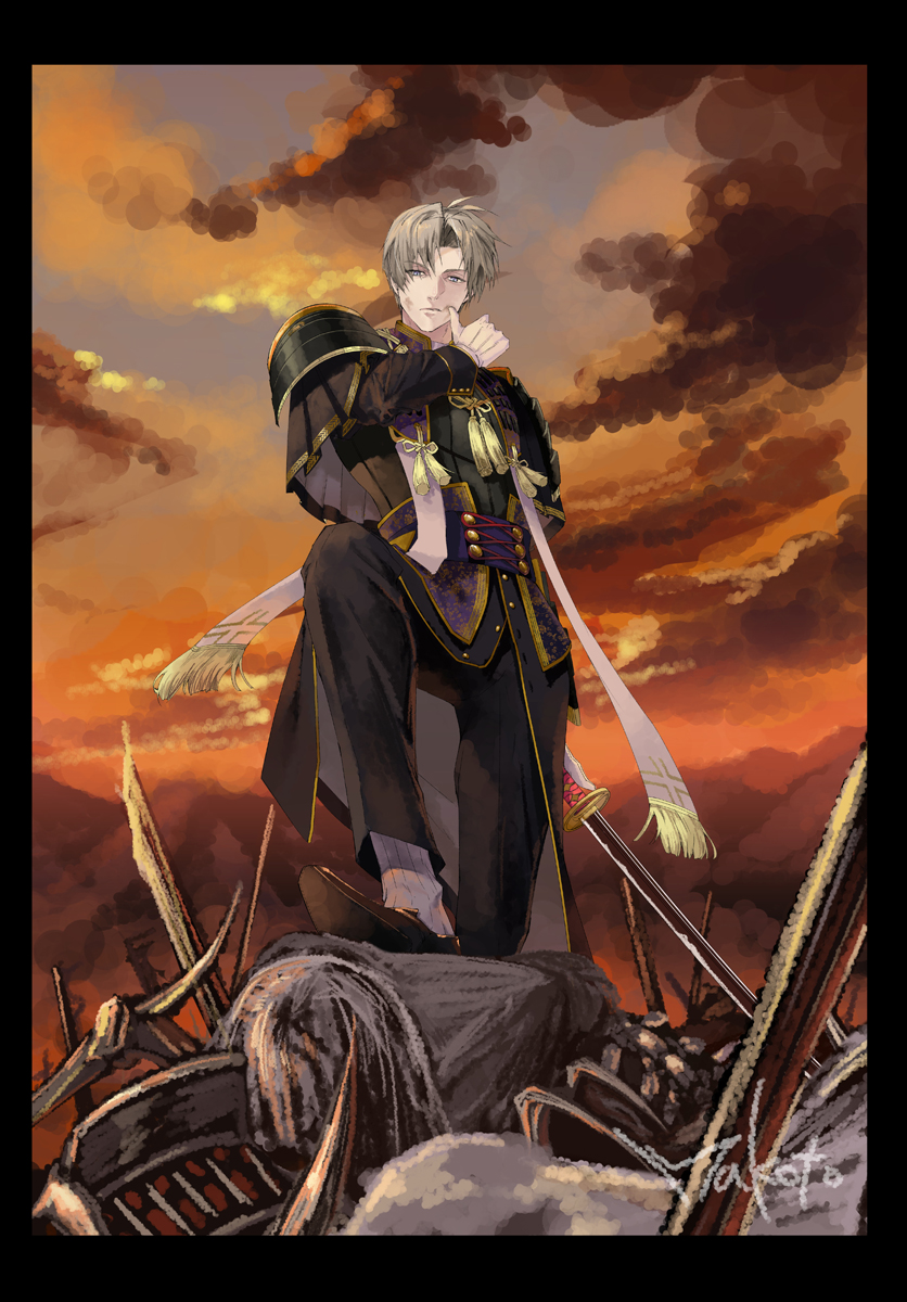 1boy artist_name bangs black_border black_footwear black_pants border brown_hair closed_mouth clouds collar corpse finger_to_cheek full_body gloves heshikiri_hasebe highres holding holding_sword holding_weapon japanese_clothes katana long_sleeves looking_at_viewer looking_down makoto_kohuku male_focus outdoors pants parted_bangs shoes short_hair sky solo standing sunset sword touken_ranbu weapon white_gloves