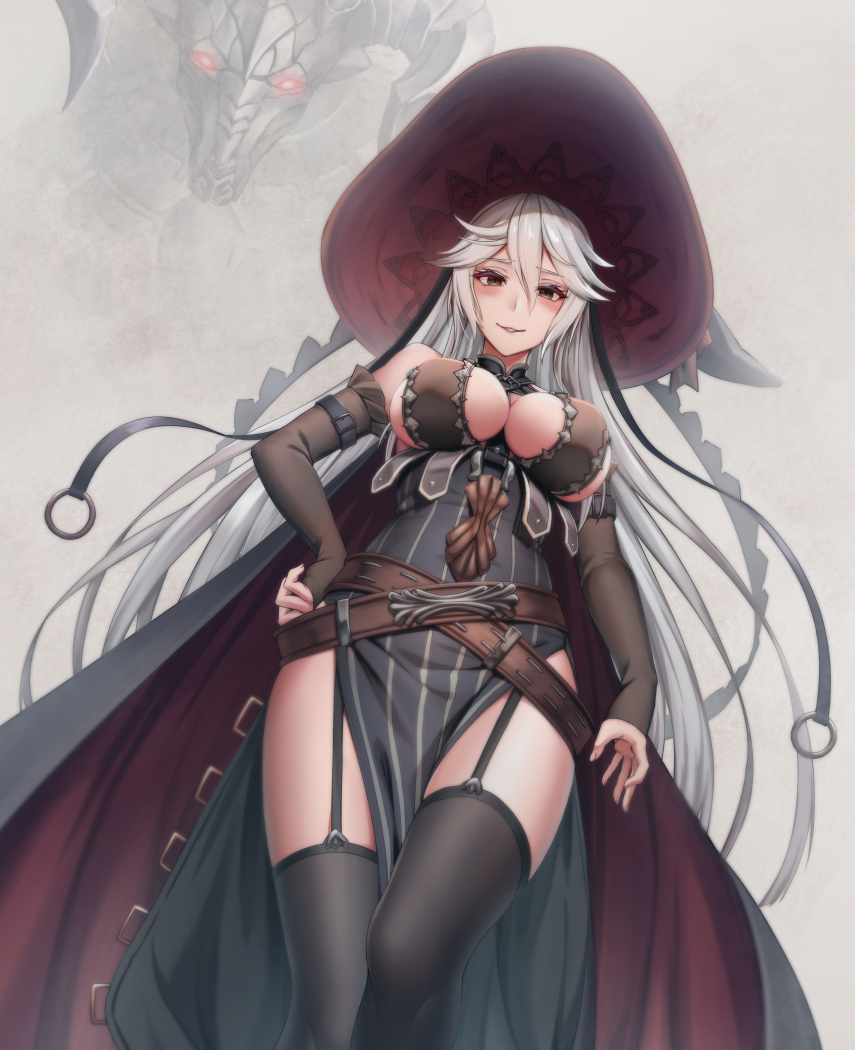 1girl bangs bare_shoulders black_legwear blush breasts detached_sleeves dragon dress garter_straps granblue_fantasy hair_between_eyes hat large_breasts long_hair looking_at_viewer magisa_(granblue_fantasy) parted_lips pelvic_curtain red_eyes shoron silver_hair smile solo thigh-highs very_long_hair witch_hat