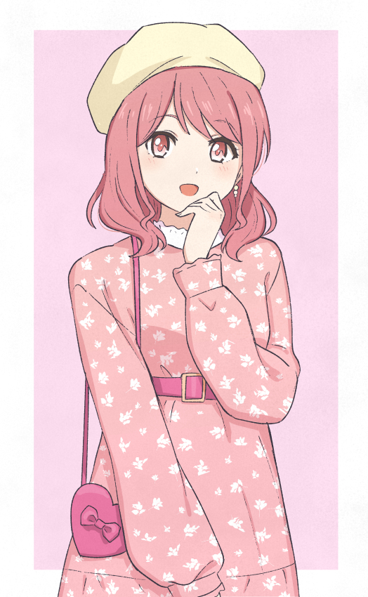 1girl :d bag bang_dream! bangs belt beret blush dress earrings floral_print hand_to_own_mouth hat heart-shaped_bag jewelry long_hair long_sleeves looking_at_viewer maruyama_aya open_mouth pink_background pink_dress pink_eyes pink_hair print_dress shibasaki_shouji shoulder_bag simple_background smile solo yellow_headwear