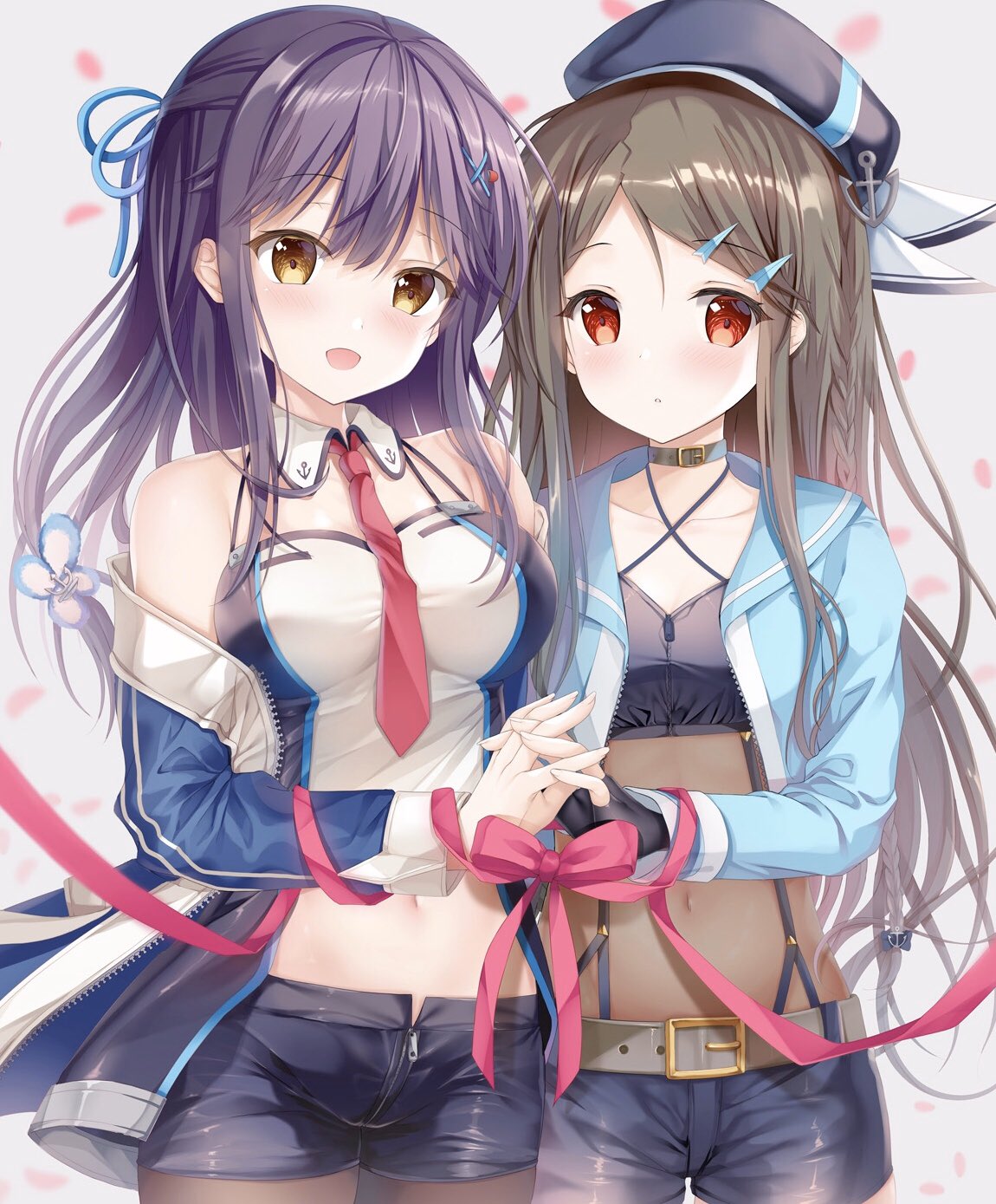 2girls :d aqua_jacket azur_lane bare_shoulders belt beret between_breasts black_gloves black_shorts blue_jacket bodysuit braid breasts brown_eyes brown_hair choker collarbone cowboy_shot criss-cross_halter crop_top cropped_jacket detached_collar fingerless_gloves gloves hair_ornament hairclip half_updo halterneck hat highres holding_hands interlocked_fingers jacket kimberly_(azur_lane) large_breasts long_hair long_sleeves looking_at_viewer midriff mullany_(azur_lane) multiple_girls navel necktie off_shoulder open_clothes open_jacket open_mouth pantyhose parted_lips purple_hair red_eyes red_neckwear red_ribbon ribbon shirt short_necktie short_shorts shorts sidelocks sleeveless sleeveless_shirt smile sousouman spaghetti_strap suspenders white_shirt x_hair_ornament