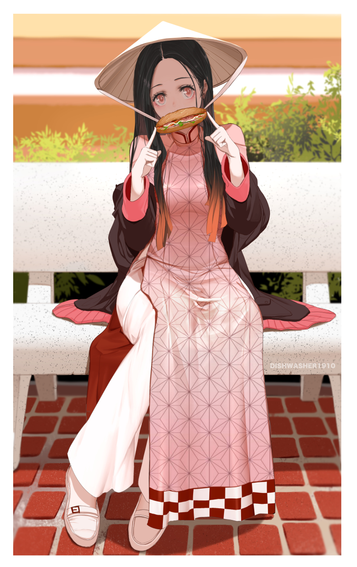 1girl adapted_costume bench black_hair blush border brick_floor brown_headwear day dishwasher1910 eating food forehead full_body gradient_hair holding holding_food kamado_nezuko kimetsu_no_yaiba long_hair long_sleeves looking_at_viewer multicolored_hair off_shoulder open_clothes outdoors pants park_bench red_eyes redhead sandwich shoes sitting solo tabard white_border white_footwear white_pants