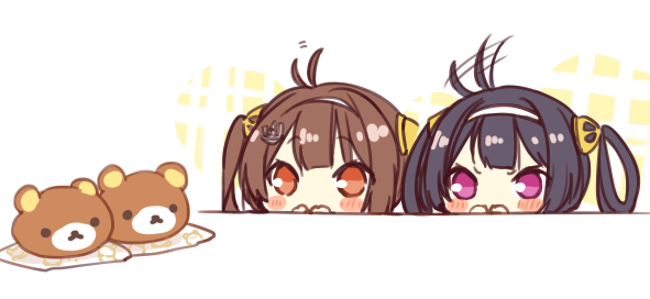 2girls ahoge ahoge_wag anchor_hair_ornament azur_lane bear black_hair blush brown_hair chibi ekuramani expressive_hair eyebrows_visible_through_hair hair_ornament hair_rings hairband multiple_girls ning_hai_(azur_lane) ping_hai_(azur_lane) red_eyes rilakkuma short_eyebrows siblings sisters twintails violet_eyes