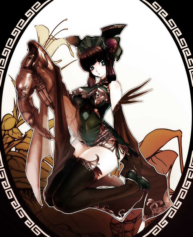 bun_cover china_dress chinadress chinese_clothes double_bun double_buns green_eyes hat jeffr thigh-highs thighhighs