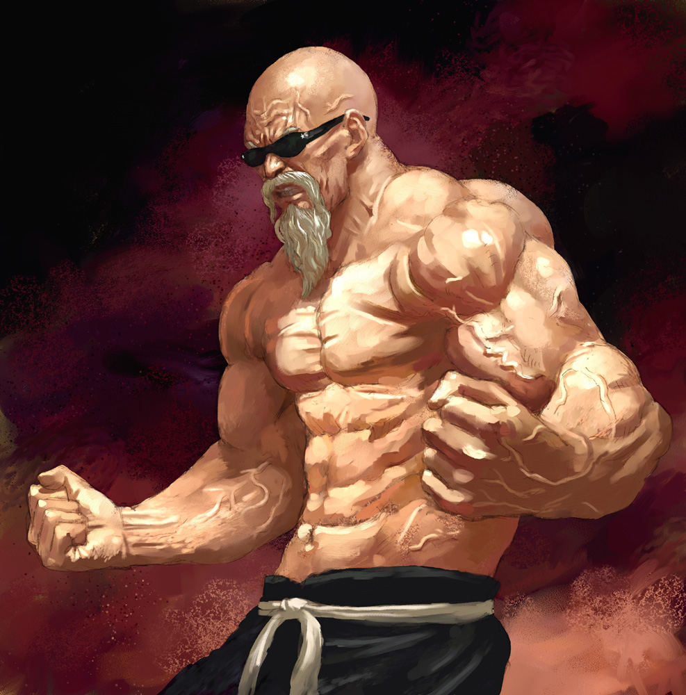 beard clenched_hands clenched_teeth denchi dragon_ball facial_hair male manly munimuni muscle muten_roushi realistic shirtless solo sunglasses veins