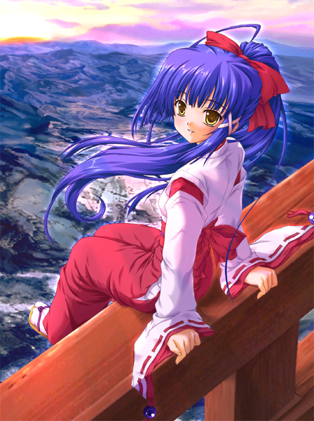 hair_ribbon japanese_clothes kimono landscape long_hair looking_back miko original ponytail purple_hair ribbon ribbons sakura_taisen sandals scenery sitting sitting_on_torii smile socks solo sunset torii twilight very_long_hair wakou_tensui wind yellow_eyes