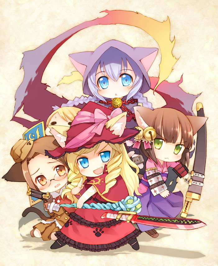 animal_ears blonde_hair blue_eyes blush braid brown_eyes brown_hair bushidou_(sekaiju) cat_ears chibi curse_maker doctor_magus dress drill_hair glasses green_eyes gun gunner hat japanese_clothes kito purple_hair sekaiju_no_meikyuu sword tail twin_braids weapon