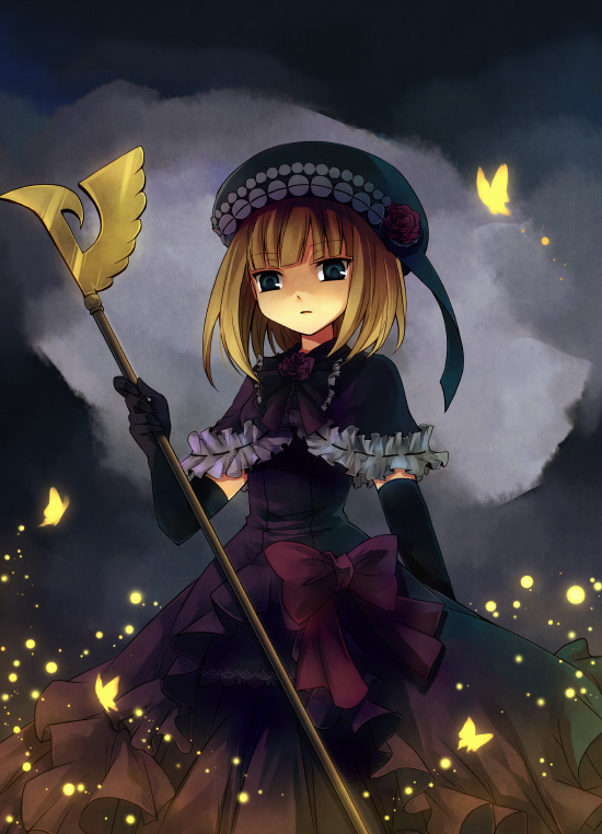 blonde_hair dress elbow_gloves eva_beatrice flower gloves green_eyes hat rose staff suzushiro_kurumi umineko_no_naku_koro_ni