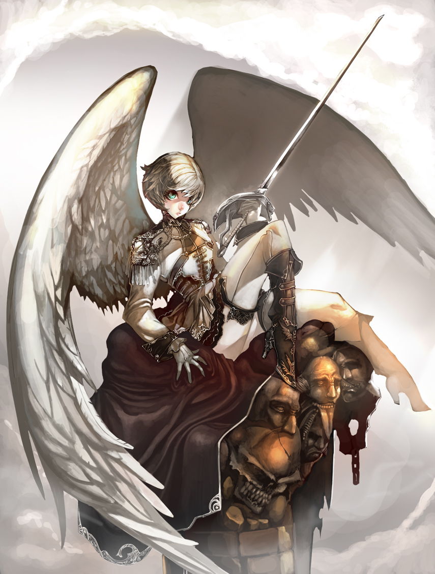 angel_wings archangel blonde_hair boots gloves green_eyes jeffr short_hair sword thigh-highs thighhighs weapon wings