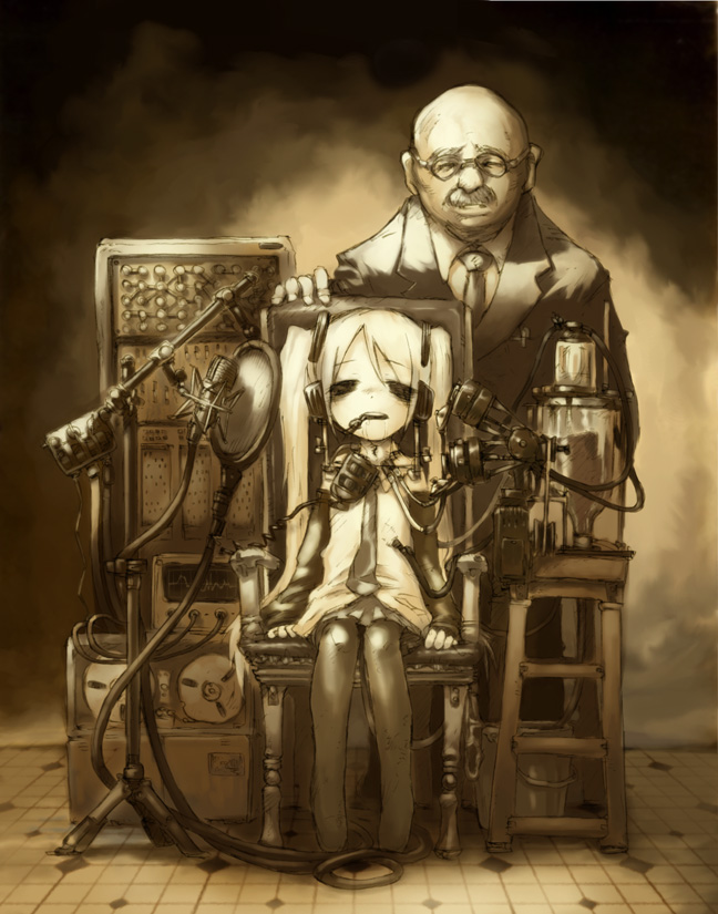 1girl akita_morgue chair creepy experiment facial_hair glasses hatsune_miku kikai_(akita_morgue) loli long_hair machine microphone microphone_stand monochrome morbid mustache necktie old_man pantyhose saliva sepia sitting twintails very_long_hair vocaloid what