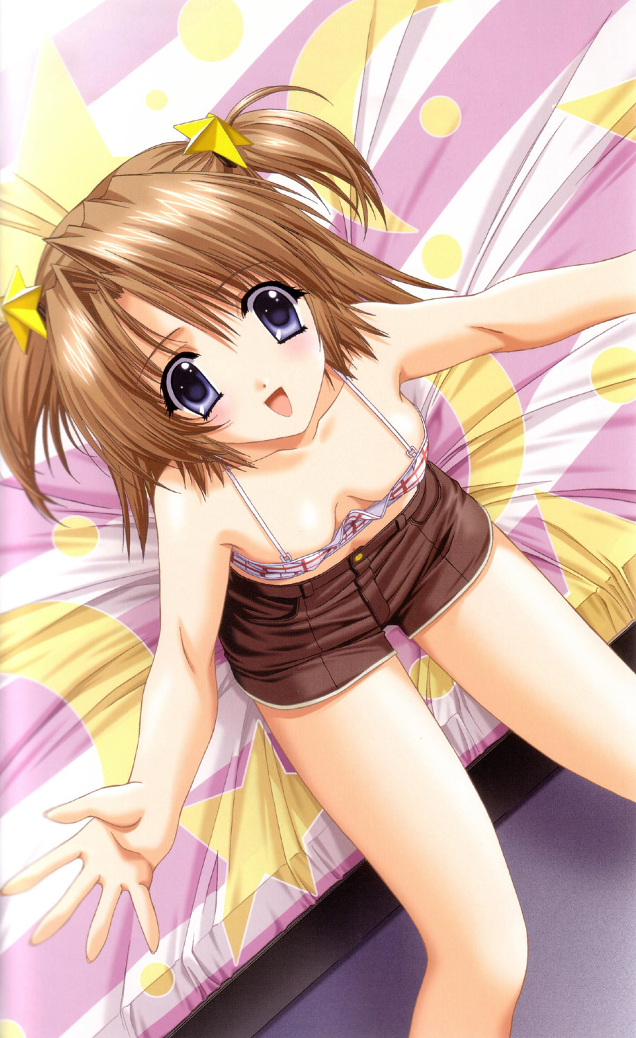 bed blue_eyes breasts brown_hair camisole down_blouse from_above highres hina_(3ldk) kimizuka_aoi lost_passage no_bra short_twintails shorts sitting twintails