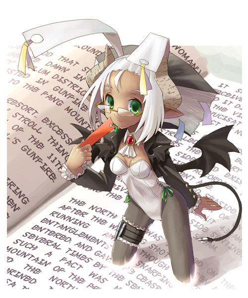 bat_wings book bunny_ears garters glasses green_eyes horns katahira_masashi original pantyhose pointy_ears rabbit_ears tail white_hair wings