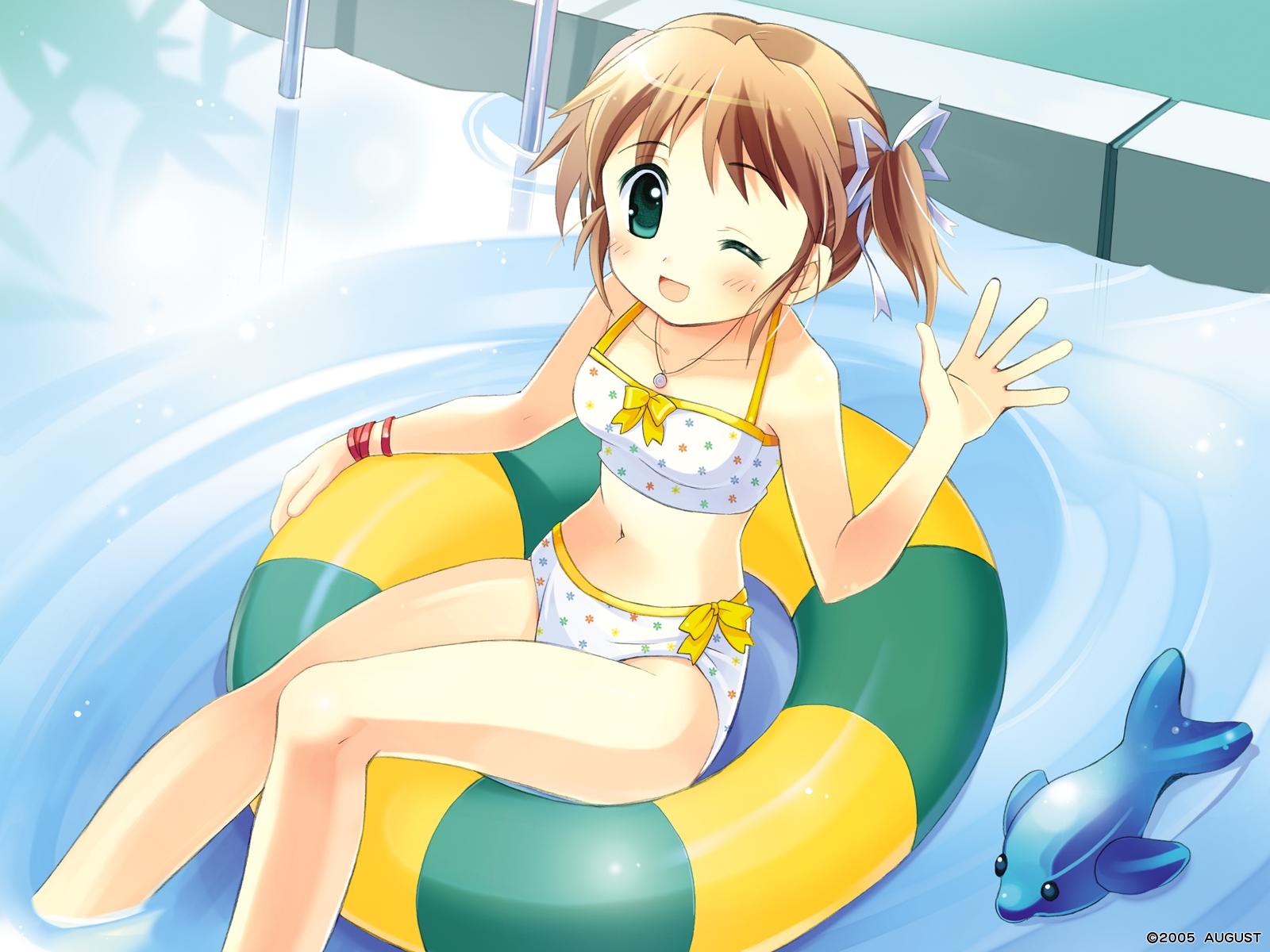 brown_hair child fish green_eyes highres innertube jewelry jpeg_artifacts necklace pool short_twintails swimsuit twintails wave waving wink
