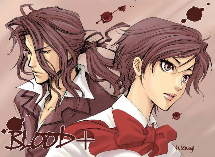 1girl blood blood+ bow brown_hair couple formal haji otonashi_saya payot ponytail short_hair suit vampire