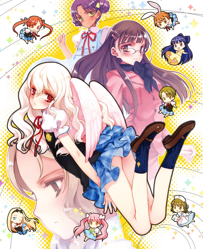 angel_wings animal_ears blonde_hair blue_eyes blue_hair blush bow bunny_ears chibi dark_skin dress everyone facial_mark forehead_mark glasses green_eyes green_hair hair_bow hair_ornament hairband hairclip kagamiya_rin kawasaki_yukina koishikawa_kohane kousaka_hatsumi long_hair minigirl mizuhara_tsuzumi multiple_girls nabejima_arisa nurse onodera_asahi ooshiro_chitose ooyari_ashito orange_hair oyari_ashito period period_(game) pink_eyes pink_hair plaid purple_hair red_eyes red_hair sawatari_aoi sawatori_koto school_uniform short_hair silver_hair skirt smile socks twintails very_long_hair wings wink yazuki_miyu yellow_eyes