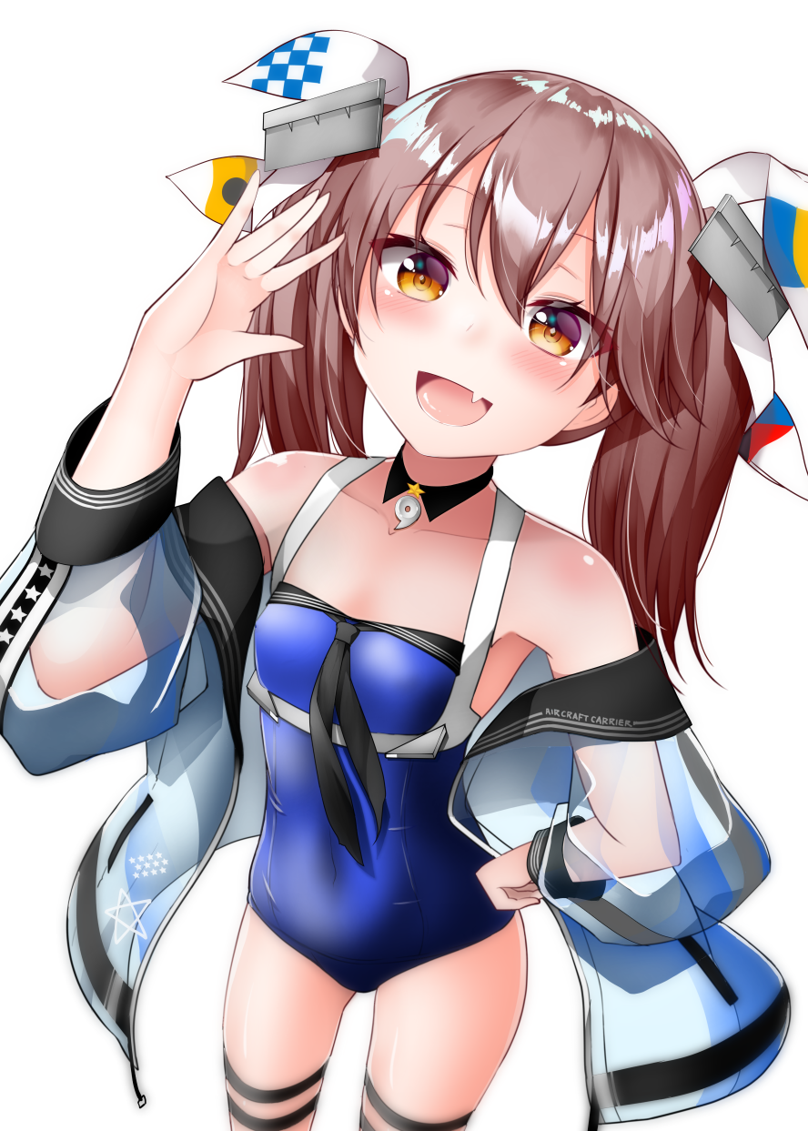 1girl bangs blue_swimsuit blush brown_eyes brown_hair choker collarbone cosplay eyebrows_visible_through_hair eyelashes fang flat_chest hair_ribbon highres jacket jewelry johnston_(kantai_collection) johnston_(kantai_collection)_(cosplay) kantai_collection kirigakure_(kirigakure_tantei_jimusho) long_hair magatama off_shoulder one-piece_swimsuit open_mouth ribbon ryuujou_(kantai_collection) see-through see-through_sleeves simple_background skin_fang solo star swimsuit twintails white_background