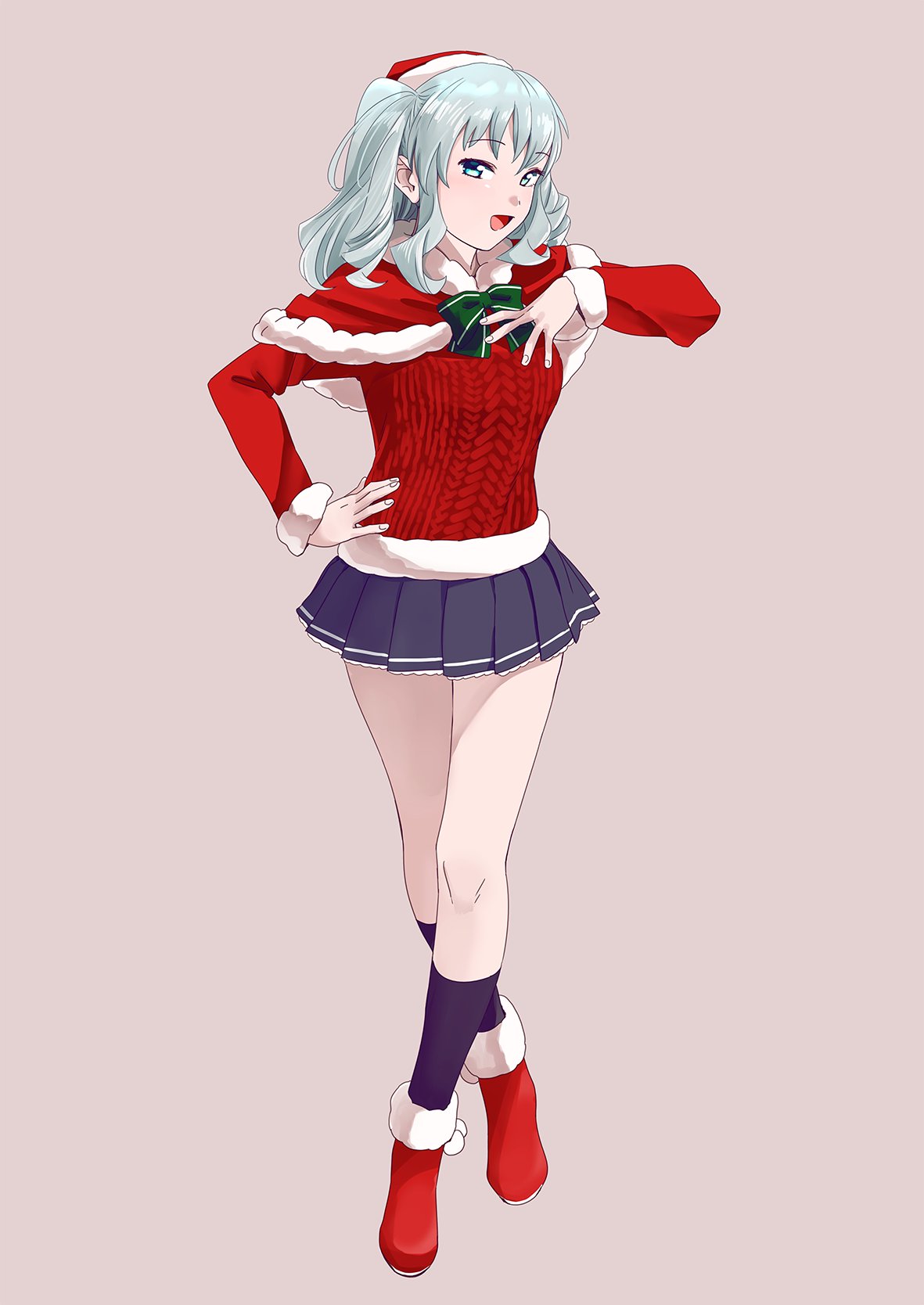 1girl alternate_costume bangs black_legwear blue_skirt blush boots bow bowtie breasts capelet fur_trim green_neckwear grey_eyes hand_on_hip hand_on_own_chest hat highres kantai_collection kashima_(kantai_collection) kneehighs long_sleeves ojipon open_mouth pink_background pleated_skirt red_capelet red_footwear red_sweater santa_hat silver_hair simple_background skirt solo standing sweater twintails wavy_hair