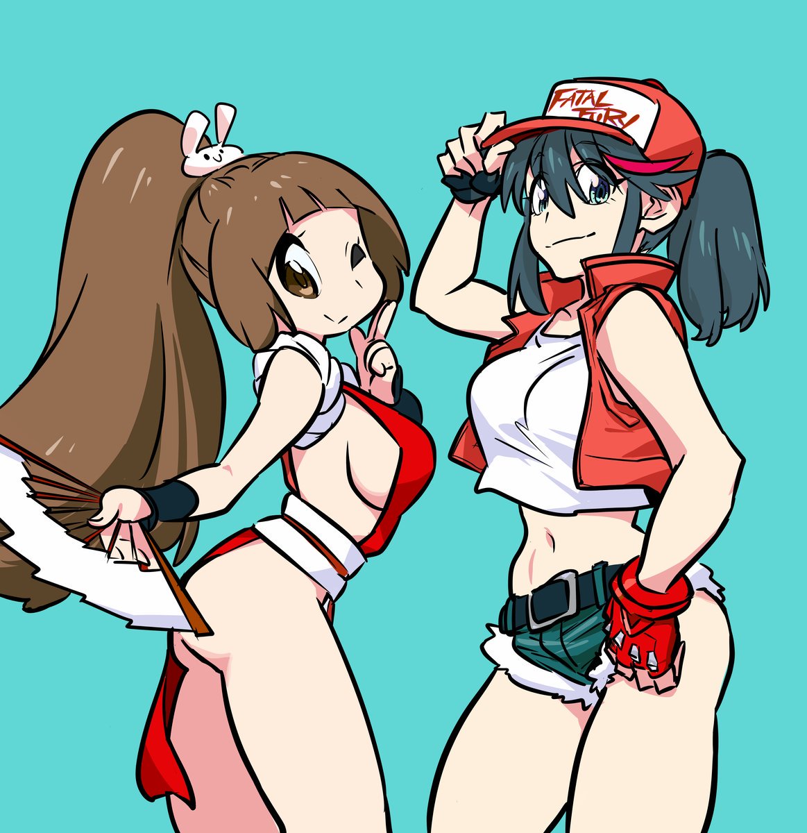 2girls aqua_background aqua_eyes arm_guards bare_hips belt black_hair breasts brown_eyes brown_hair cosplay fan fatal_fury fingerless_gloves gloves gyosone hand_on_headwear highres holding holding_fan kill_la_kill long_hair mankanshoku_mako matoi_ryuuko midriff multicolored_hair multiple_girls navel one_eye_closed pelvic_curtain ponytail red_gloves red_vest redhead shiranui_mai shiranui_mai_(cosplay) shirt short_shorts shorts sideboob simple_background sleeveless smile snk streaked_hair terry_bogard terry_bogard_(cosplay) the_king_of_fighters two-tone_hair very_long_hair vest white_shirt