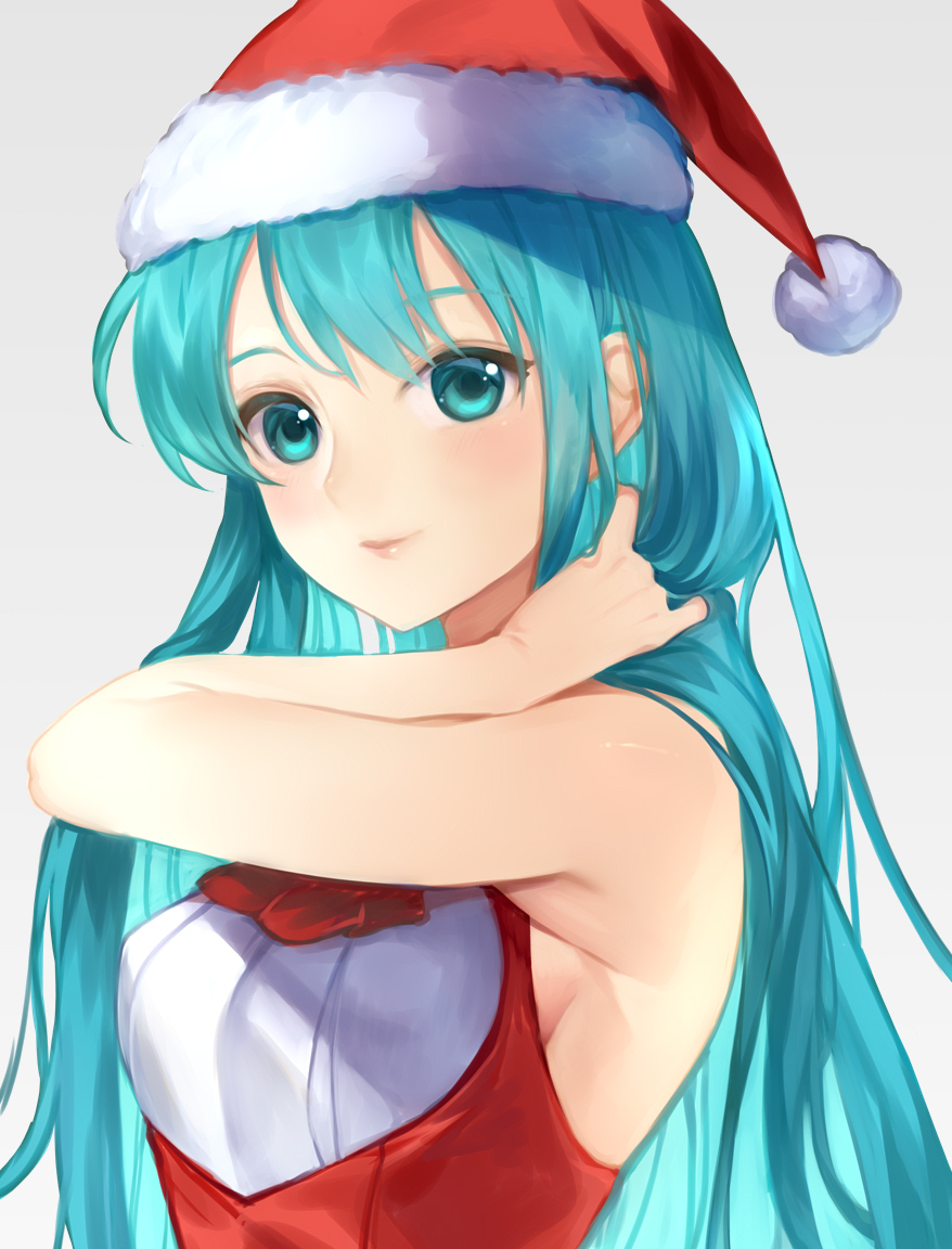 1girl aqua_eyes aqua_hair closed_mouth eirika_(fire_emblem) fire_emblem fire_emblem:_the_sacred_stones fire_emblem_heroes fur_trim grey_background hat jurge long_hair pom_pom_(clothes) red_headwear santa_hat simple_background sleeveless solo upper_body