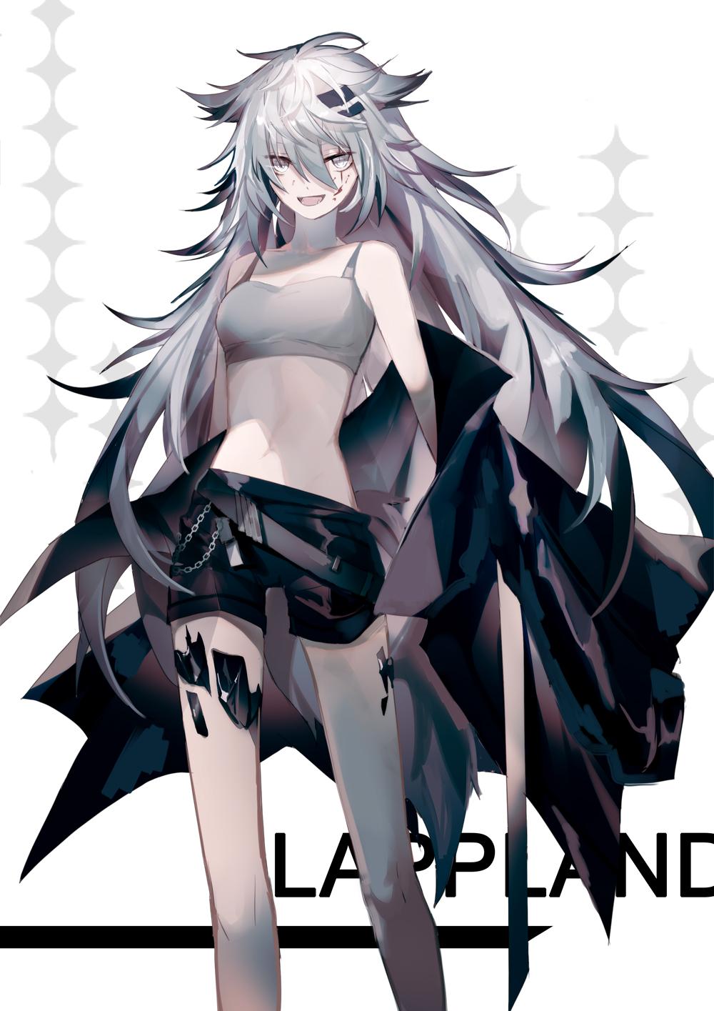 1girl :d animal_ears arknights bandeau bangs bare_legs bare_shoulders black_jacket black_shorts breasts camisole character_name chinese_commentary commentary_request feet_out_of_frame grey_eyes hair_between_eyes hair_ornament hairclip highres jacket lappland_(arknights) long_hair looking_at_viewer medium_breasts midriff navel off_shoulder open_mouth scar scar_across_eye short_shorts shorts silver_hair simple_background smile solo spaghetti_strap standing stomach thighs white_background wolf_ears yasato