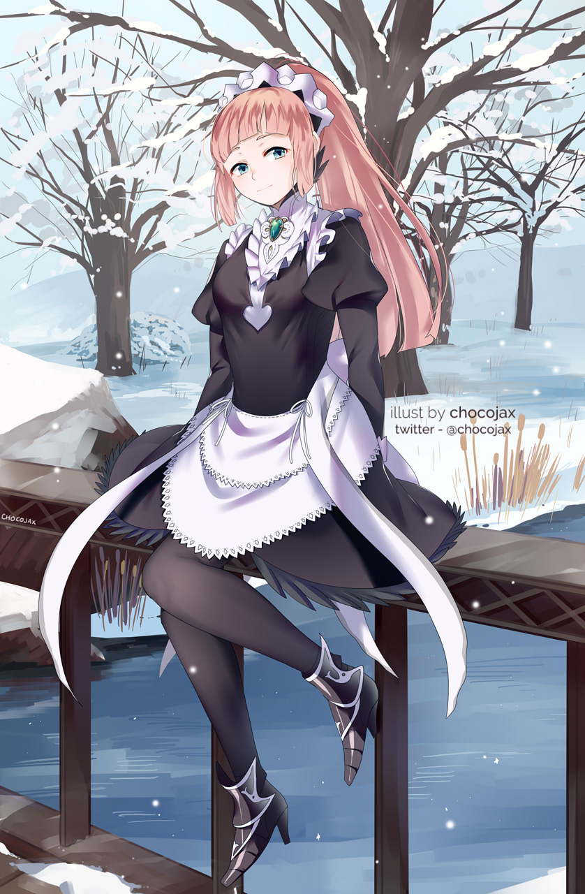 1girl artist_name bridge chocojax closed_mouth felicia_(fire_emblem) fire_emblem fire_emblem_fates gem high_heels highres juliet_sleeves long_hair long_sleeves maid maid_headdress pink_hair ponytail puffy_sleeves sitting snow solo tree twitter_username water winter