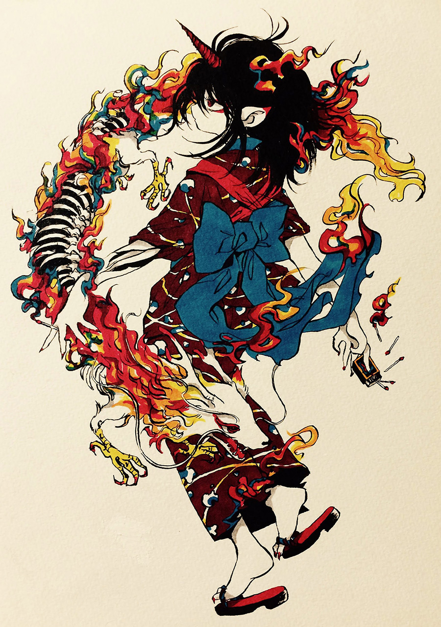 1girl back_bow black_hair blue_bow bow brown_background dragon eastern_dragon eyeshadow fire from_behind highres horn japanese_clothes kimono makeup matches northeast_mountain original pointy_ears profile red_eyes sandals sharp_toenails simple_background skeleton solo toenails