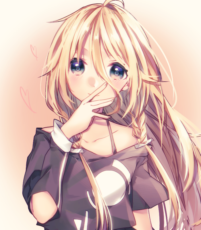 1girl blonde_hair blue_eyes blush braid closed_mouth collarbone floating_hair hair_between_eyes ia_(vocaloid) long_hair looking_at_viewer manya_sora off_shoulder smile solo twin_braids upper_body very_long_hair vocaloid white_background