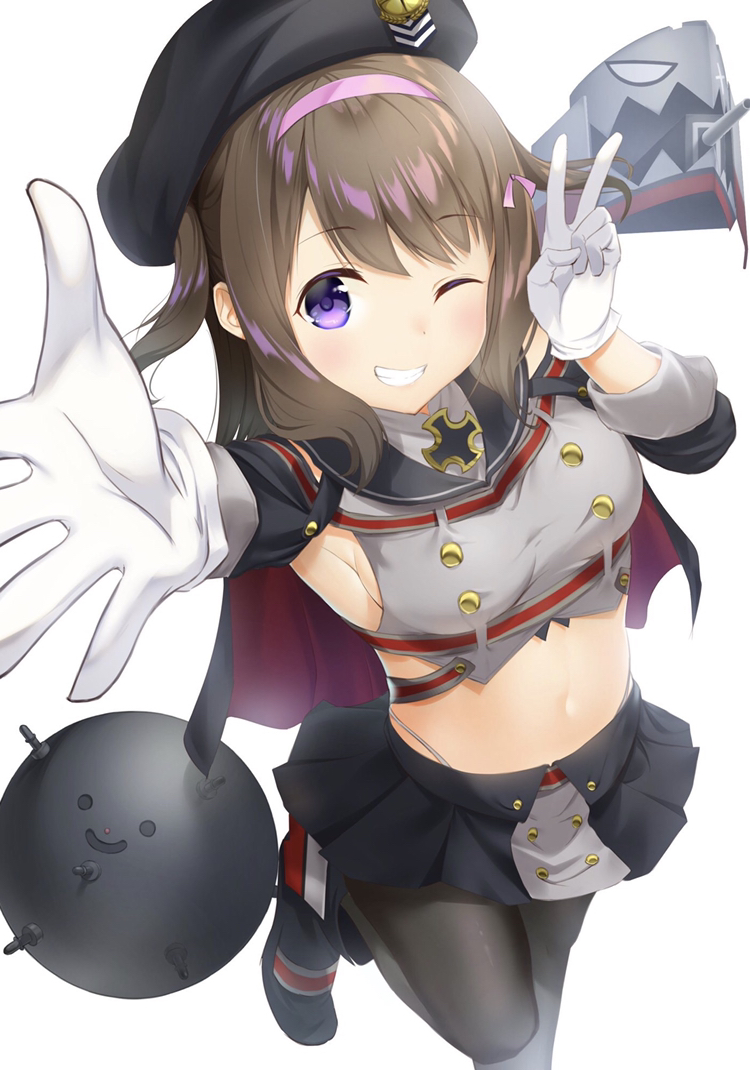 1girl armpits arms_up azur_lane bangs beret black_footwear black_headwear black_legwear black_skirt boots breasts brown_hair commentary_request explosive eyebrows_visible_through_hair gloves grey_shirt grin hair_ribbon hairband hat iron_cross long_hair long_sleeves looking_at_viewer medium_breasts midriff mine_(weapon) naval_mine navel one_eye_closed outstretched_arm pantyhose pleated_skirt ribbon rigging sailor_collar shirt sideboob sidelocks skirt sleeveless sleeveless_shirt smile solo standing standing_on_one_leg tsunenorip two_side_up v violet_eyes white_gloves z35_(azur_lane)