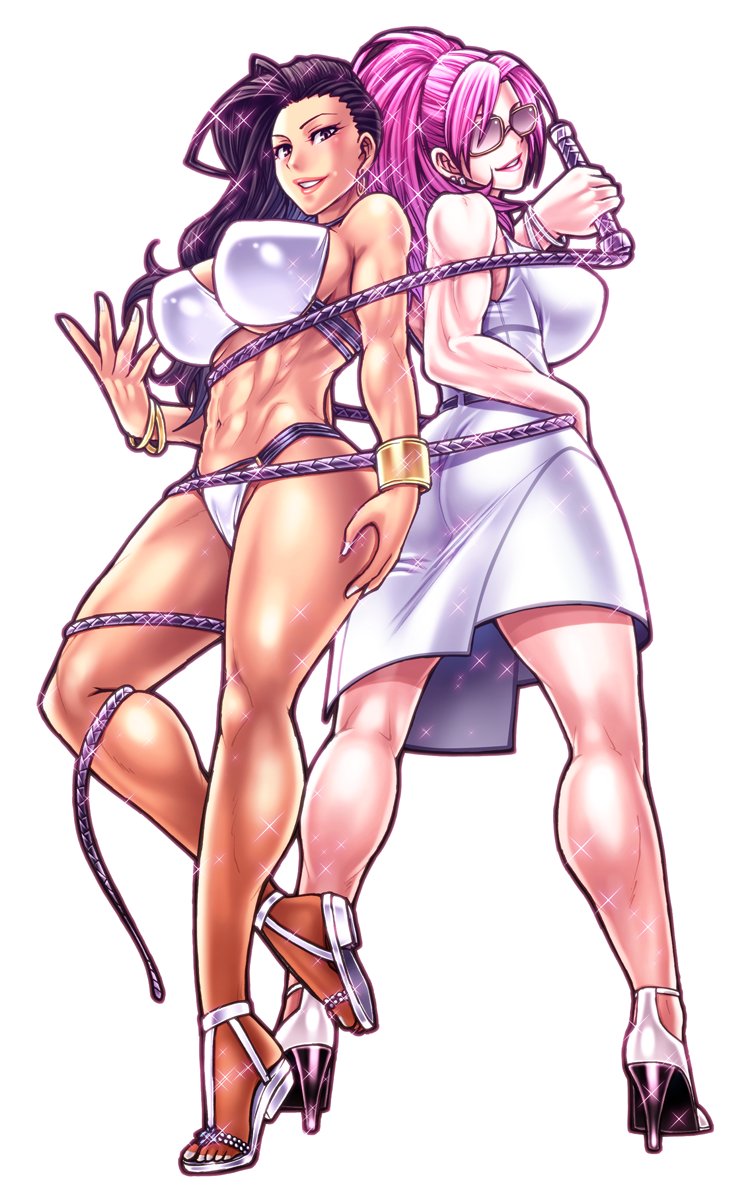 2girls abs alternate_costume ass asymmetrical_hair back-to-back bangle bikini black_hair bracelet breasts chiba_toshirou dark_skin dress earrings glasses high_heels highres hoop_earrings huge_breasts idom_(gamer) jewelry laura_matsuda legs looking_at_viewer multiple_girls muscle muscular_female opaque_glasses parted_lips pink_hair poison_(final_fight) sandals smile sparkle standing street_fighter street_fighter_v sunglasses swimsuit whip white_bikini white_dress