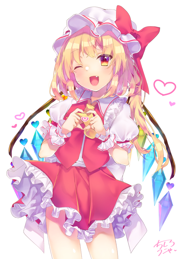1girl ;d blonde_hair brown_eyes collared_shirt cowboy_shot fang flandre_scarlet frilled_skirt frills heart heart_hands looking_at_viewer miniskirt one_eye_closed open_mouth red_skirt shirt short_hair_with_long_locks short_sleeves sidelocks simple_background skirt smile solo standing touhou unya_(coco121955) white_background white_shirt wing_collar wings wrist_cuffs yellow_neckwear