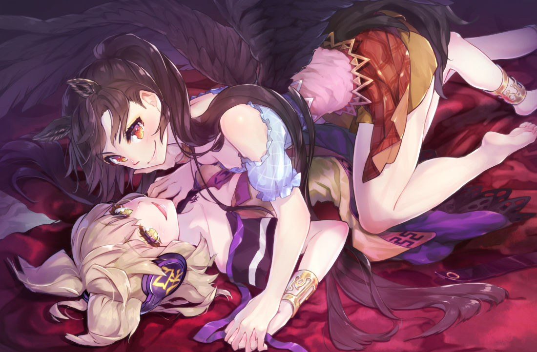2girls :d animal_ears anklet bangs bare_legs bare_shoulders barefoot bed_sheet black_hair blonde_hair blue_shirt blush bracelet brown_skirt chest_tattoo commentary_request earmuffs eyebrows_visible_through_hair feet_out_of_frame hair_between_eyes hand_up holding_hands jewelry kneeling kurokoma_saki long_hair looking_at_viewer lying miniskirt multiple_girls no_hat no_headwear off-shoulder_shirt off_shoulder on_back open_mouth ponytail puffy_short_sleeves puffy_sleeves red_eyes shirt short_hair short_sleeves skirt smile syuri22 tail tattoo thighs touhou toyosatomimi_no_miko very_long_hair yellow_eyes yuri