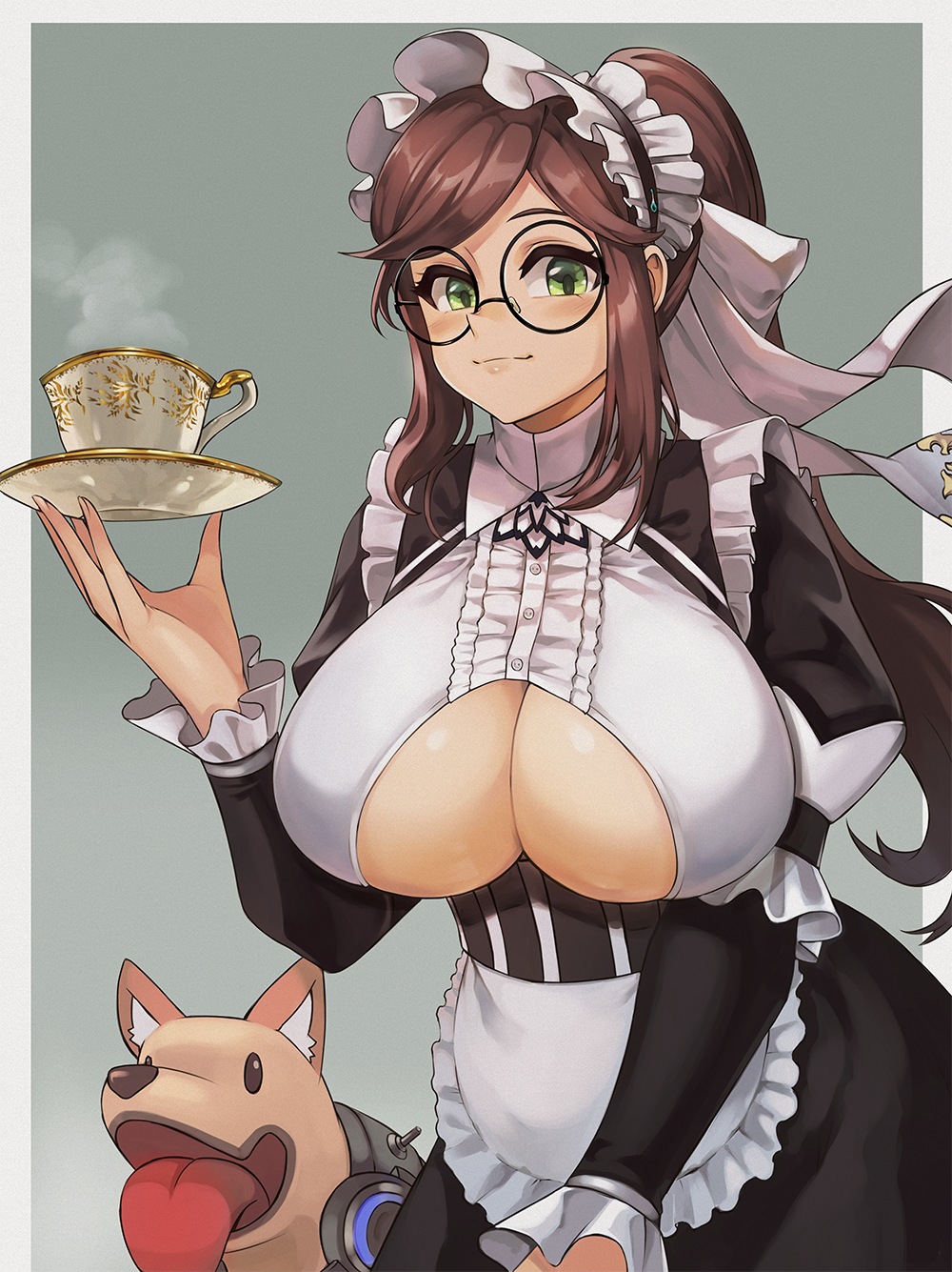 1girl apron blush breast_cutout breasts brown_hair constantia_s2 cup dog dress frilled_apron frills headdress highres huge_breasts last_origin long_hair looking_at_viewer maid maid_apron maid_dress maid_headdress pagong ponytail puffy_sleeves round_eyewear saucer sidelocks smile solo teacup underboob_cutout white_apron