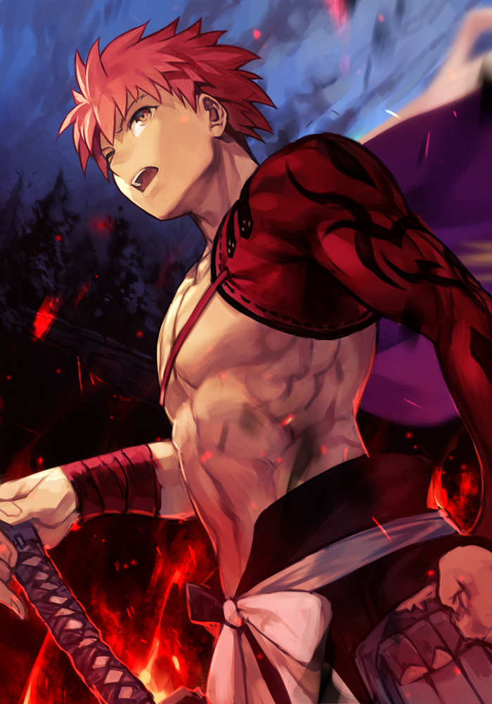 1boy abs brown_eyes clenched_hand detached_sleeves emiya_shirou fate/grand_order fate_(series) fire from_below hakama hand_on_hilt hankuri japanese_clothes katana limited/zero_over male_focus muscle night night_sky planted_sword planted_weapon redhead sengo_muramasa_(fate) shirtless short_hair single_bare_shoulder single_detached_sleeve sky solo spiky_hair sword weapon wrist_wrap