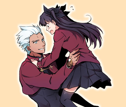 1boy 1girl archer black_hair black_legwear black_ribbon black_skirt blue_eyes blush collar dark_skin dark_skinned_male fate/stay_night fate_(series) green_eyes hair_ribbon holding holding_another long_hair long_sleeves looking_at_another lowres manly open_mouth red_sweater ribbon simple_background skirt smile suga_(suga_suga) sweater teeth thigh-highs toosaka_rin tsundere twintails two_side_up unlimited_blade_works upper_body white_hair zettai_ryouiki