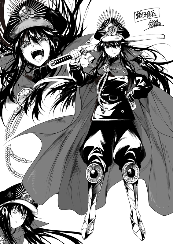 1girl cape character_name fate/grand_order fate_(series) hat higa_yukari katana koha-ace long_hair metal_boots monochrome oda_nobunaga_(fate) oda_nobunaga_(fate)_(all) over_shoulder sheath sheathed smile sword weapon weapon_over_shoulder