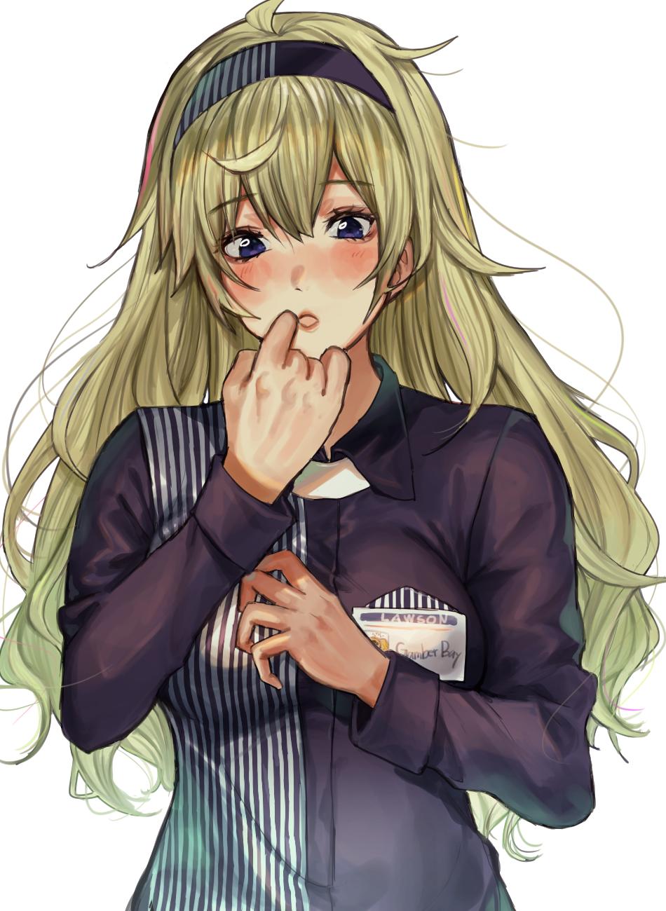 1girl amakaze blonde_hair blue_eyes blue_hairband blue_shirt blush breasts employee_uniform eyebrows_visible_through_hair gambier_bay_(kantai_collection) hair_down hairband highres kantai_collection lawson lips long_hair long_sleeves medium_breasts name_tag open_mouth shirt simple_background solo striped striped_shirt uniform upper_body vertical-striped_shirt vertical_stripes wavy_hair white_background