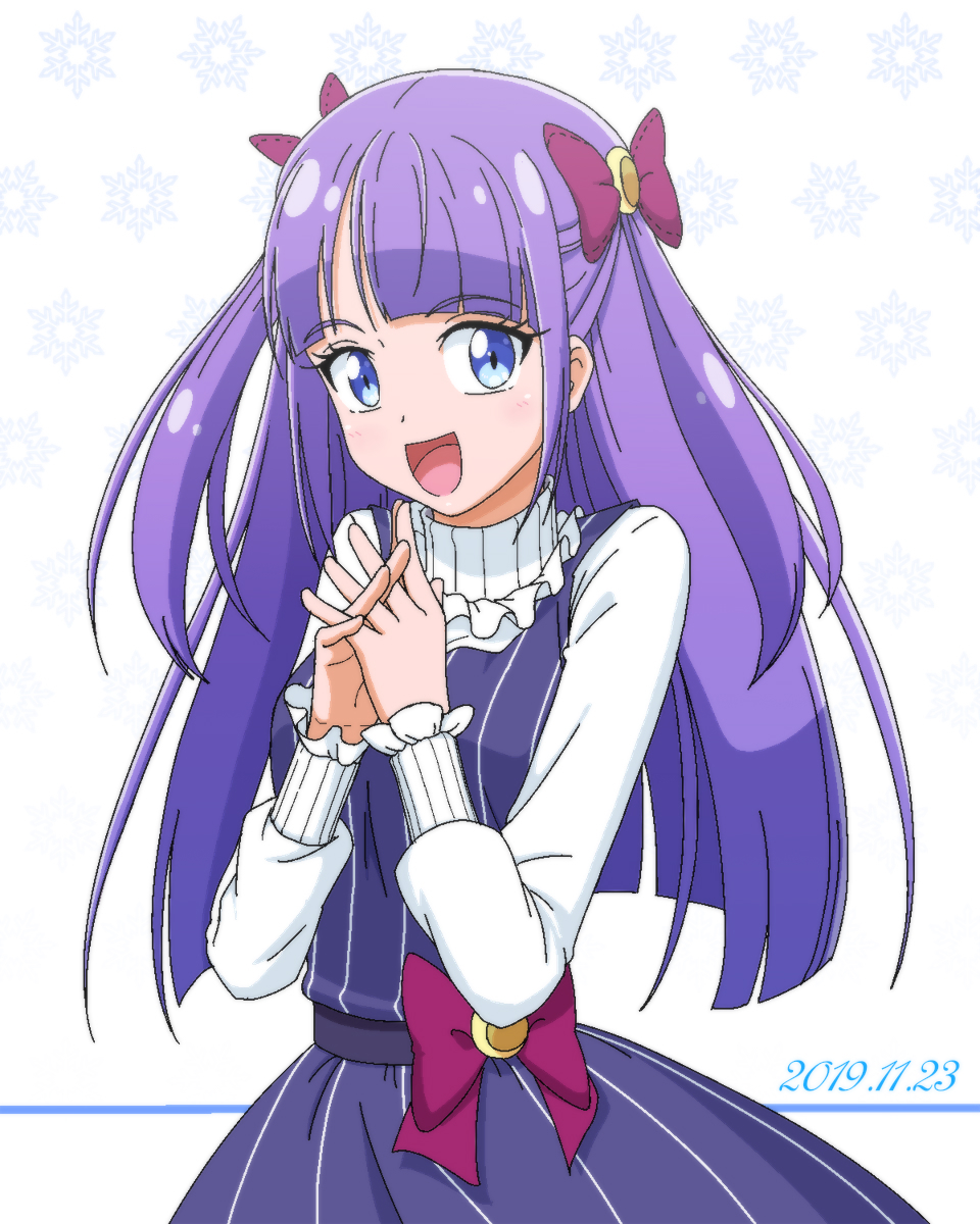 1girl 2019 :d bangs blue_eyes blush bow dated destino dress eyebrows_visible_through_hair hair_bow highres interlocked_fingers kaguya_madoka long_hair long_sleeves looking_at_viewer open_mouth pinafore_dress precure purple_bow purple_dress purple_hair shiny shiny_hair shirt smile solo standing star_twinkle_precure striped vertical-striped_dress vertical_stripes very_long_hair white_background white_shirt
