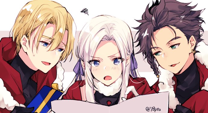 1girl 2boys alternate_costume blonde_hair blue_eyes box brown_hair claude_von_riegan dark_skin dark_skinned_male dimitri_alexandre_blaiddyd earrings edelgard_von_hresvelg fire_emblem fire_emblem:_three_houses fur_trim gift gift_box green_eyes hair_ribbon holding jewelry long_hair multiple_boys naho_(pi988y) open_mouth parted_lips ribbon short_hair simple_background twitter_username upper_body violet_eyes