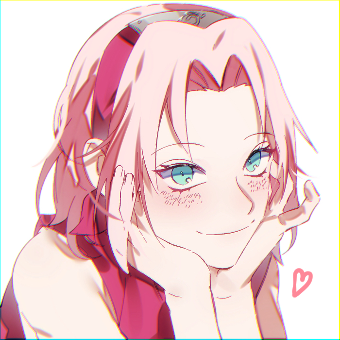 1girl blue_eyes closed_mouth hair_intakes haruno_sakura head_rest headband heart itachi3413 jacket looking_at_viewer naruto_(series) pink_hair portrait red_headband red_jacket short_hair simple_background sleeveless sleeveless_jacket smile solo white_background