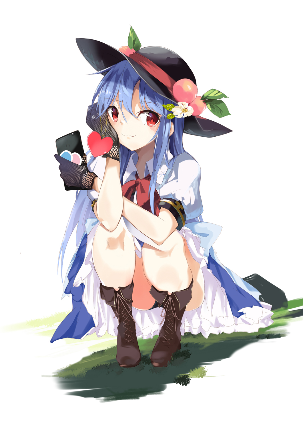 1girl bangs black_footwear black_gloves black_headwear blue_hair blue_skirt blush boots bow cellphone commentary_request eyebrows_visible_through_hair flower food fruit gloves hand_up hat hat_flower heart highres hinanawi_tenshi holding holding_phone leaf long_hair looking_at_viewer peach petticoat phone puffy_short_sleeves puffy_sleeves red_bow red_eyes shirt short_sleeves simple_background skirt smartphone smile solo squatting tetsurou_(fe+) touhou white_background white_flower white_shirt