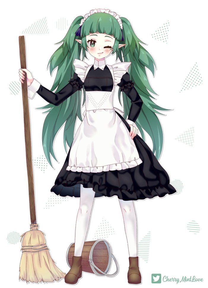 1girl artist_name broom bucket cherrymintlove fire_emblem fire_emblem:_three_houses full_body green_eyes green_hair holding holding_broom long_hair long_sleeves maid maid_headdress one_eye_closed parted_lips pointy_ears solo sothis_(fire_emblem) white_legwear