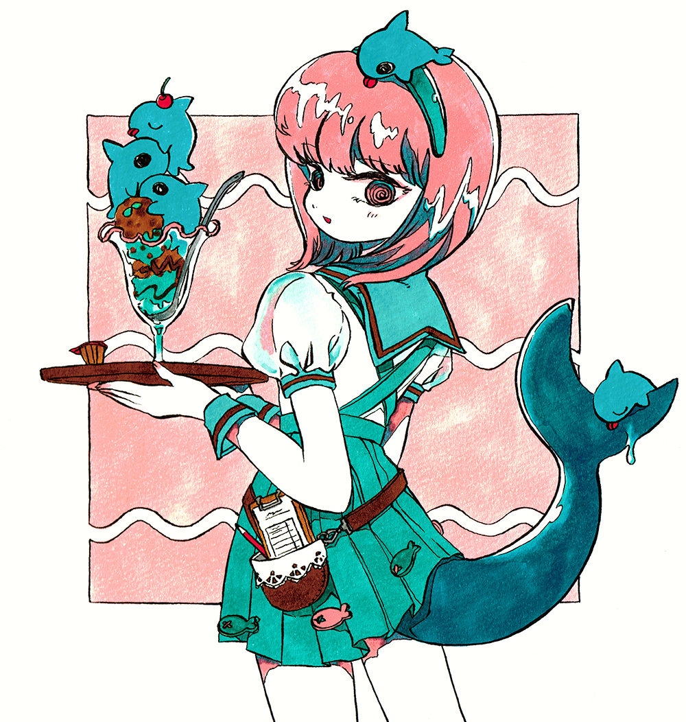 1girl aqua_sailor_collar aqua_skirt bangs calligraphy_brush_(medium) cherry cuffs cup feet_out_of_frame food from_behind fruit headband ice_cream looking_back medium_hair northeast_mountain original pencil pink_eyes pink_hair pleated_skirt puffy_short_sleeves puffy_sleeves shark shark_tail shirt short_sleeves skirt solo spoon undersized_animal white_shirt wrist_cuffs