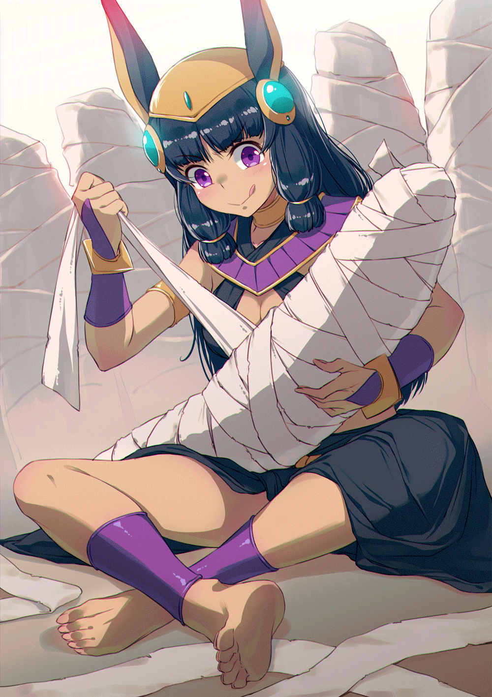 1girl 40hara :q animal_ears anubis_(iyapan) armlet bandages bangs belt blunt_bangs blush breasts bridal_gauntlets crossed_ankles dark_skin egyptian egyptian_clothes eyebrows_visible_through_hair gloves hair_ribbon headgear highres holding iya_na_kao_sare_nagara_opantsu_misete_moraitai_yo_wa_pantsu_ga_mitai_zo jackal_ears jewelry long_hair medium_breasts mummy neck_ring purple_gloves ribbon sidelocks sitting skirt solo tongue tongue_out tress_ribbon wrapping