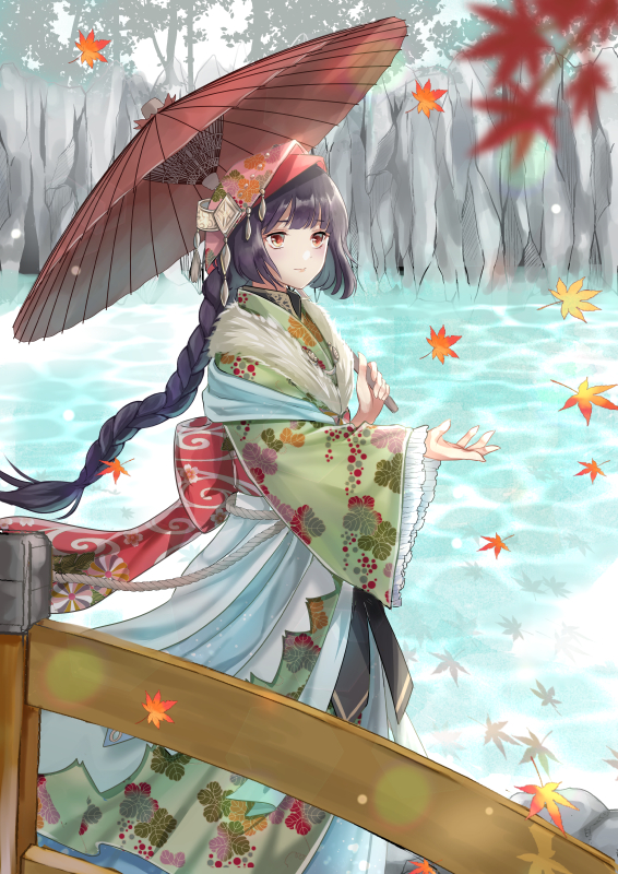 1girl autumn_leaves braid bridge brown_eyes day japanese_clothes kimono kusunokinawate leaf long_hair maple_leaf oriental_umbrella original outdoors solo standing umbrella water wide_sleeves