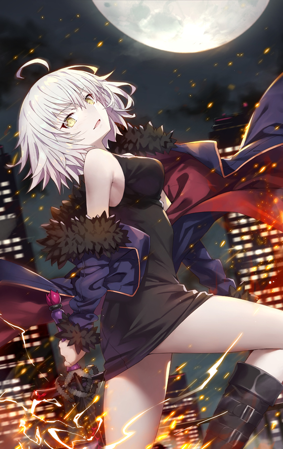 1girl ahoge bangs black_dress black_footwear blush boots breasts cityscape dress eyebrows_visible_through_hair fate/grand_order fate_(series) full_moon fur-trimmed_jacket fur_trim gabiran jacket jeanne_d'arc_(alter)_(fate) jeanne_d'arc_(fate)_(all) large_breasts looking_at_viewer moon night open_mouth outdoors purple_jacket short_hair silver_hair sleeveless sleeveless_dress smile solo wicked_dragon_witch_ver._shinjuku_1999 wind yellow_eyes