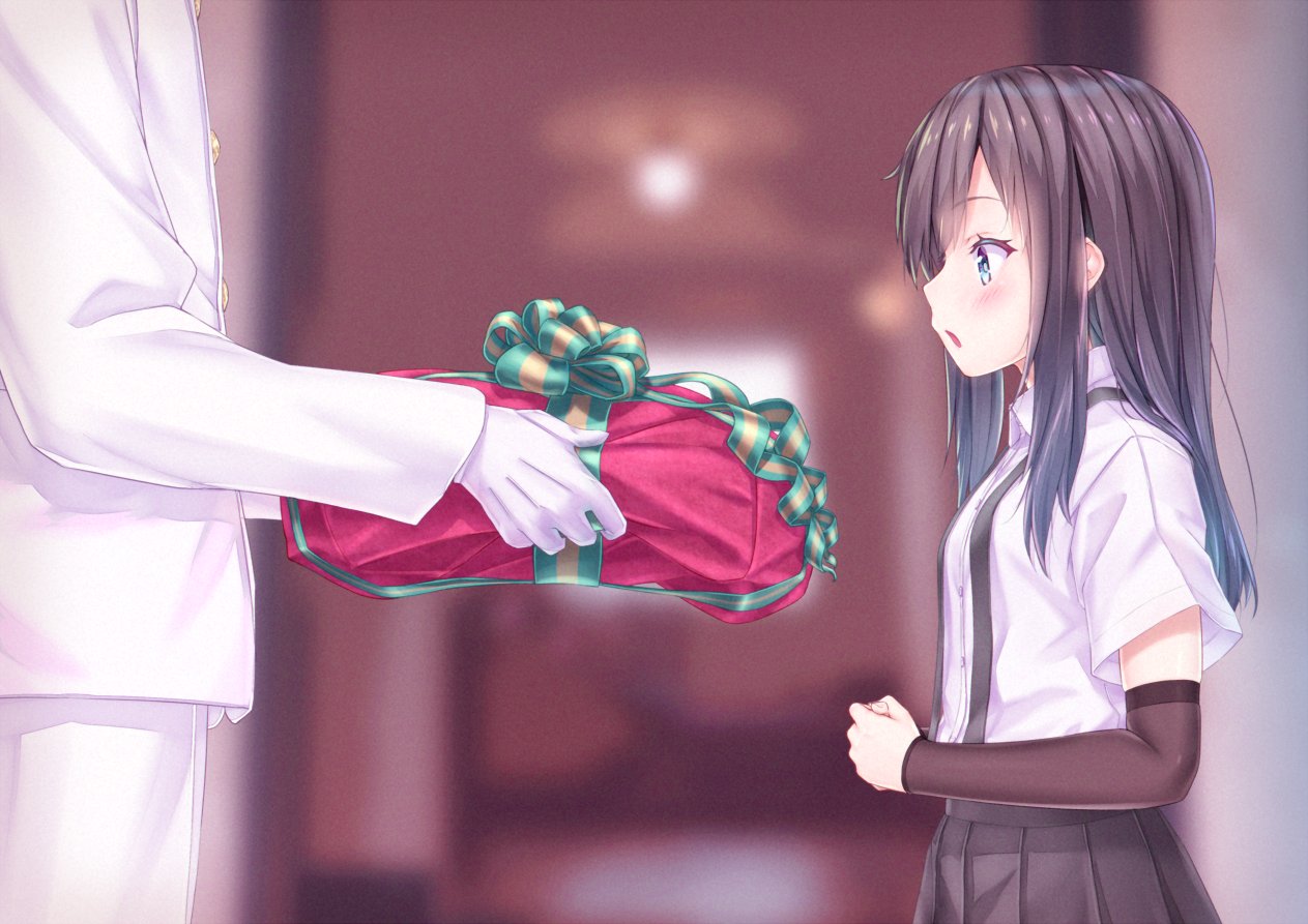 1boy 1girl :o admiral_(kantai_collection) arm_warmers asashio_(kantai_collection) black_hair black_skirt blue_eyes blurry blurry_background blush breasts from_side gift gloves gotou_hisashi holding holding_gift indoors kantai_collection long_hair long_sleeves open_mouth out_of_frame pleated_skirt school_uniform shirt short_sleeves skirt small_breasts suspender_skirt suspenders white_gloves white_shirt