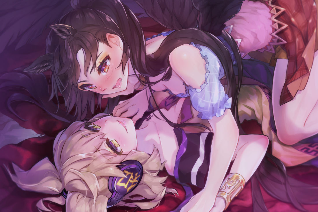 2girls :d animal_ears bangs bare_legs bare_shoulders bed_sheet black_hair blonde_hair blue_shirt blush bracelet brown_skirt chest_tattoo commentary_request earmuffs eye_contact eyebrows_visible_through_hair feet_out_of_frame hair_between_eyes hand_up holding_hands jewelry kneeling kurokoma_saki long_hair looking_at_another lying miniskirt multiple_girls no_hat no_headwear off-shoulder_shirt off_shoulder on_back open_mouth ponytail puffy_short_sleeves puffy_sleeves red_eyes shirt short_hair short_sleeves skirt smile syuri22 tail tattoo thighs touhou toyosatomimi_no_miko very_long_hair yellow_eyes yuri