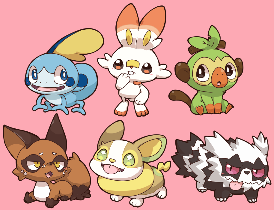 2027_(submarine2027) :o black_eyes blue_eyes blush_stickers buck_teeth chestnut_mouth chibi commentary_request fangs full_body galarian_form galarian_zigzagoon gen_3_pokemon gen_8_pokemon grookey looking_at_another nickit no_humans open_mouth pink_background pokemon pokemon_(creature) red_sclera scorbunny sitting sobble tongue tongue_out yamper yellow_eyes