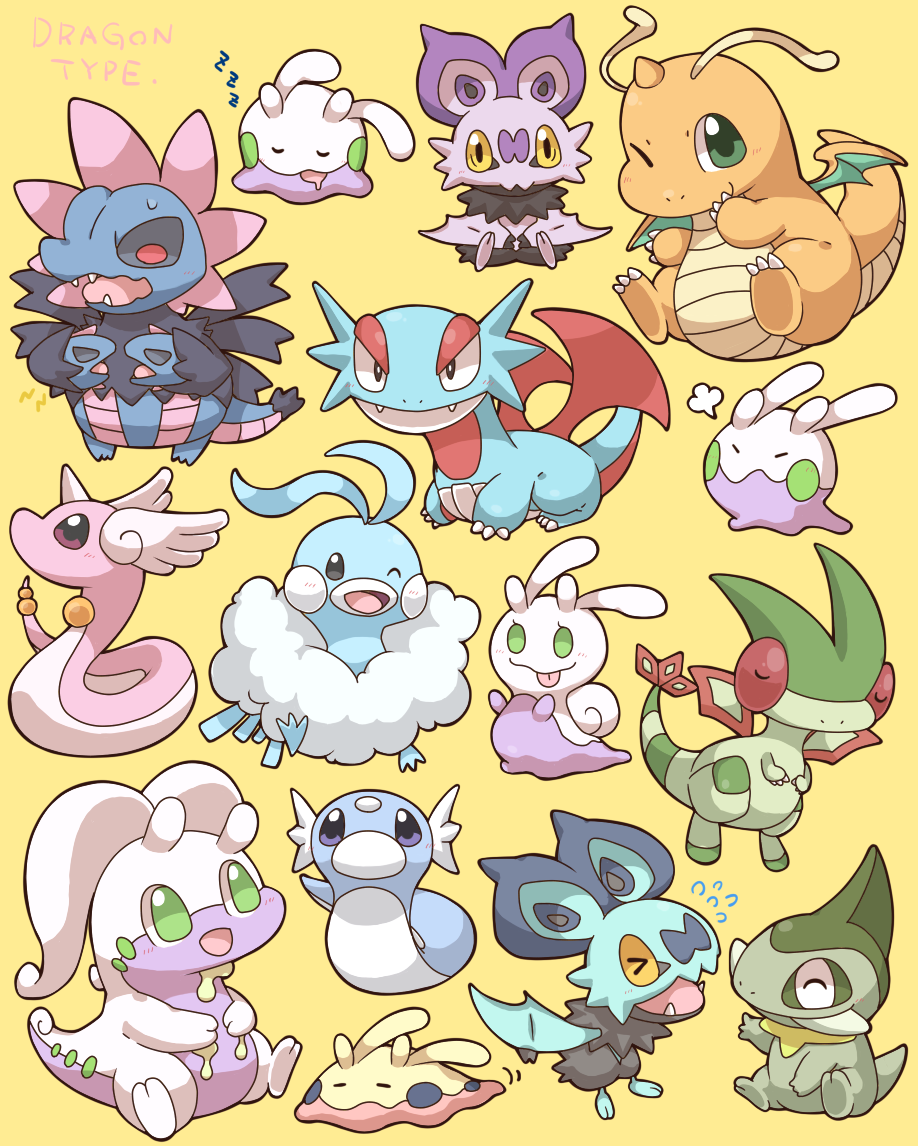 &gt;_&lt; 2027_(submarine2027) =3 ^_^ altaria alternate_color axew black_eyes chibi closed_eyes commentary_request dragon_wings dragonair dragonite dratini fangs flygon flying_sweatdrops full_body gen_1_pokemon gen_3_pokemon gen_5_pokemon gen_6_pokemon goodra goomy green_eyes hydreigon looking_to_the_side looking_up mouth_drool no_humans noibat one_eye_closed open_mouth pokemon pokemon_(creature) salamence shiny_pokemon sitting sleeping sliggoo sweatdrop tongue tongue_out u_u wings yellow_background yellow_sclera zzz