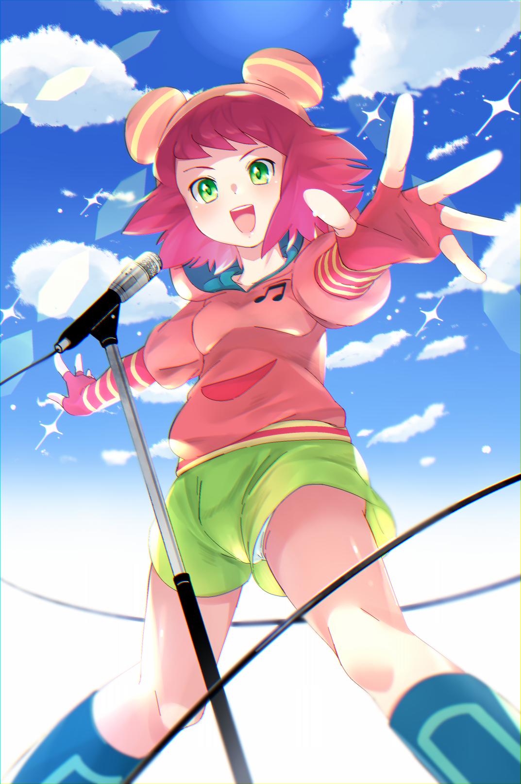 1girl :d blue_sky blush boots breasts capcom clouds fingerless_gloves gloves green_eyes green_shorts hibiki_misora highres hood hoodie microphone open_mouth outstretched_arms purple_hair rockman ryuusei_no_rockman sakuraba_(kirsche_x) short_hair shorts sky small_breasts smile solo
